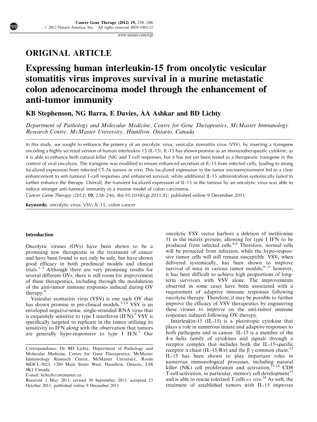 Expressing Human Interleukin-15 from Oncolytic Vesicular Stomatitis Virus