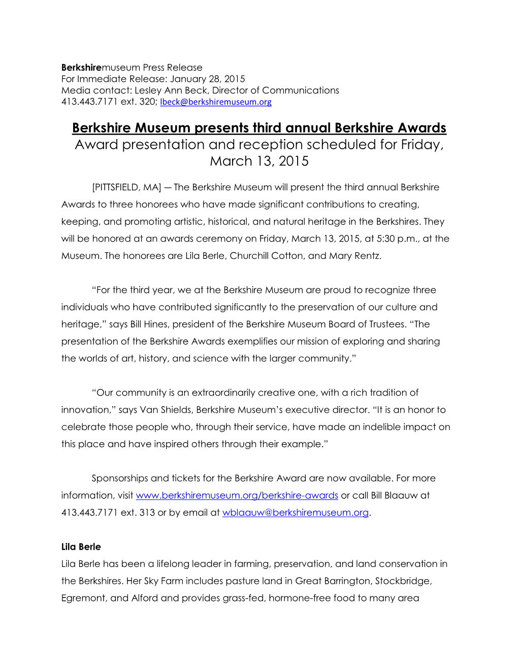 Berkshire Museum Presents Third Annual Berkshire Awards Award Presentation and Reception Scheduled for Friday, March 13, 2015