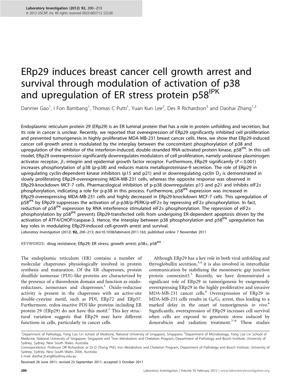 Erp29 Induces Breast Cancer Cell Growth Arrest and Survival