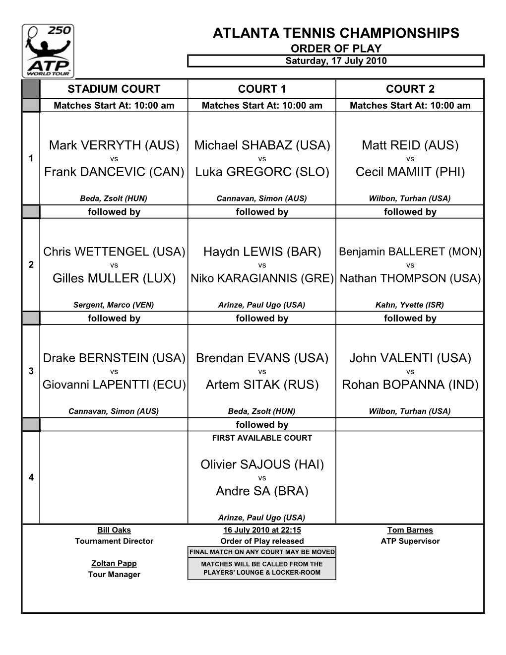 ATLANTA TENNIS CHAMPIONSHIPS ORDER of PLAY Saturday, 17 July 2010