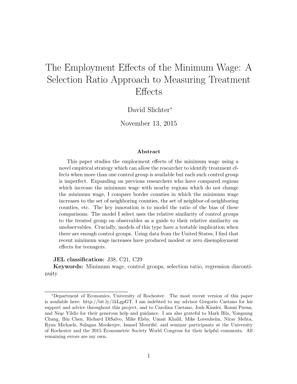 The Employment Effects of the Minimum Wage: a Selection Ratio