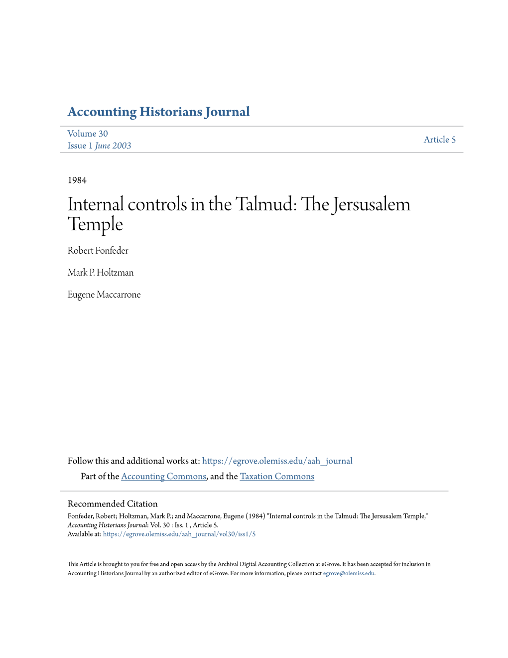 Internal Controls in the Talmud: the Ej Rsusalem Temple Robert Fonfeder