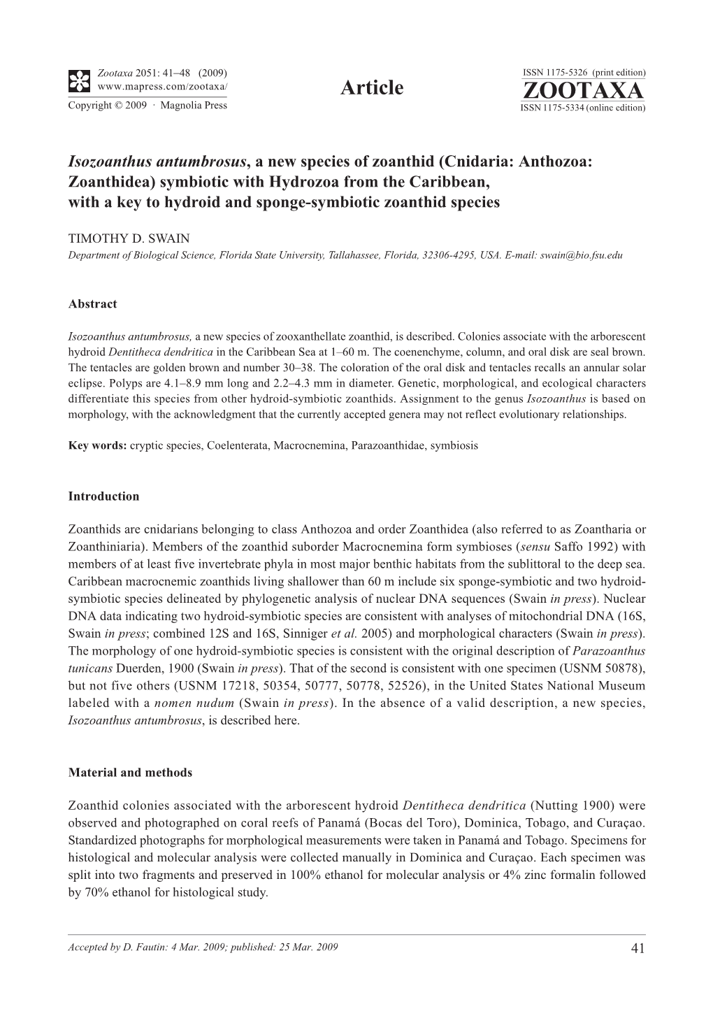 Zootaxa, Isozoanthus Antumbrosus, a New Species of Zoanthid (Cnidaria