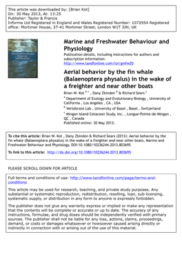Aerial Behavior by the Fin Whale (Balaenoptera Physalus) in the Wake of a Freighter and Near Other Boats Brian W