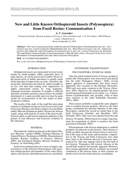 New and Little Known Orthopteroid Insects (Polyneoptera) from Fossil Resins: Communication 1 A