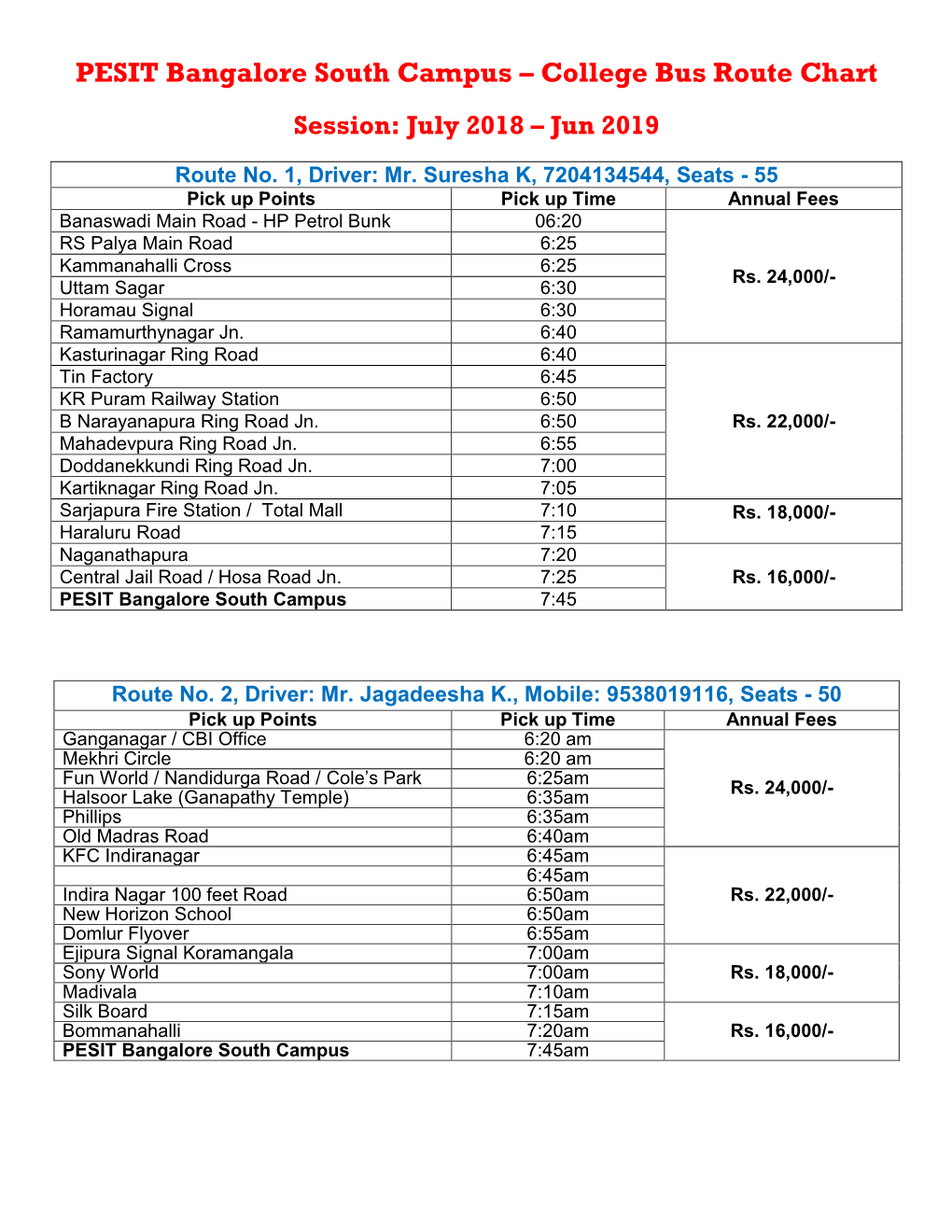 PESIT Bangalore South Campus – College Bus Route Chart Session: July 2018 – Jun 2019