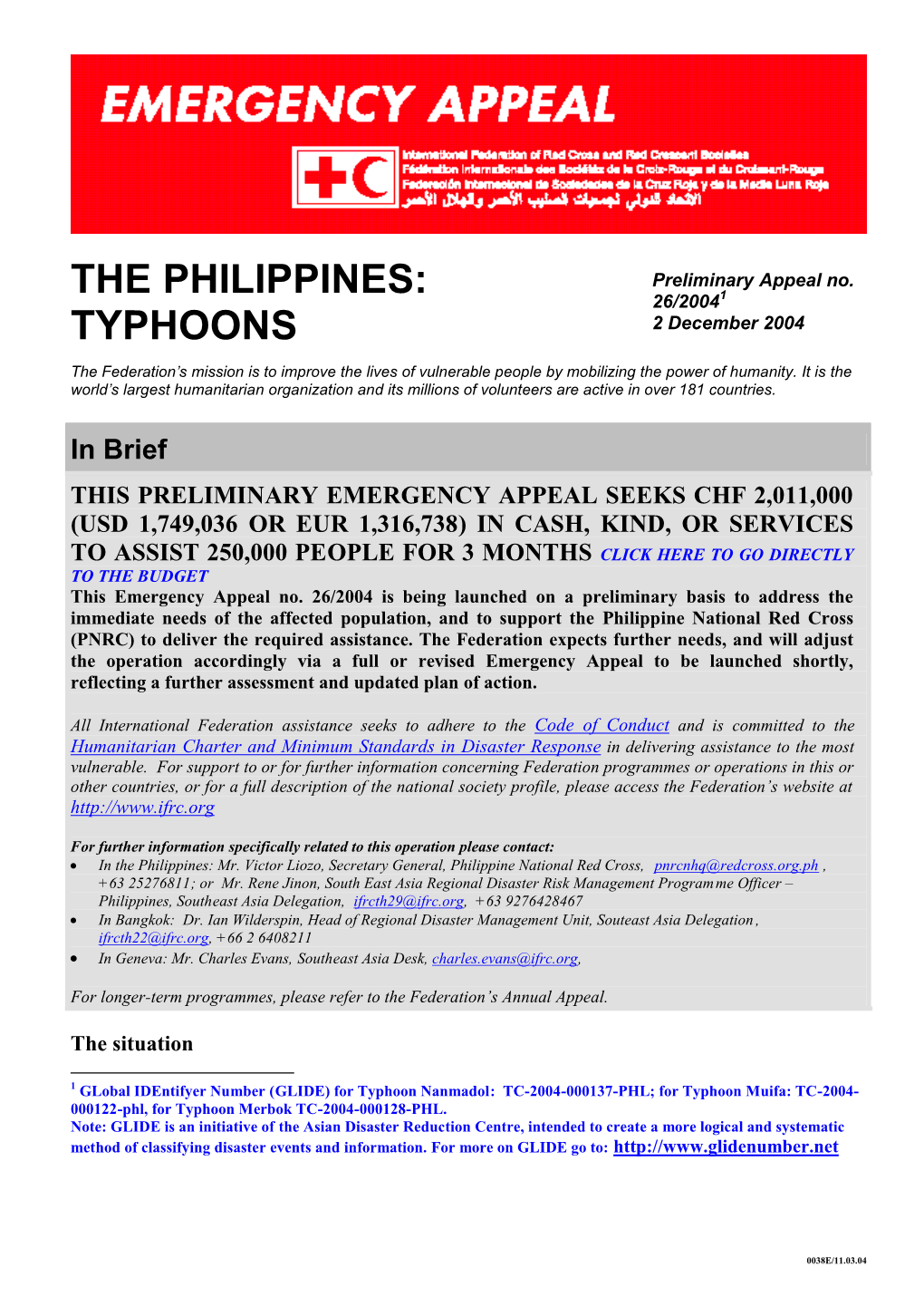 The Philippines: Typhoons; Preliminary Appeal No