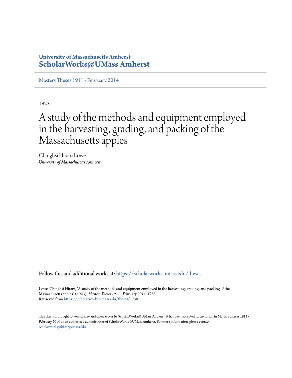 A Study of the Methods and Equipment Employed in the Harvesting, Grading, and Packing of the Massachusetts Apples