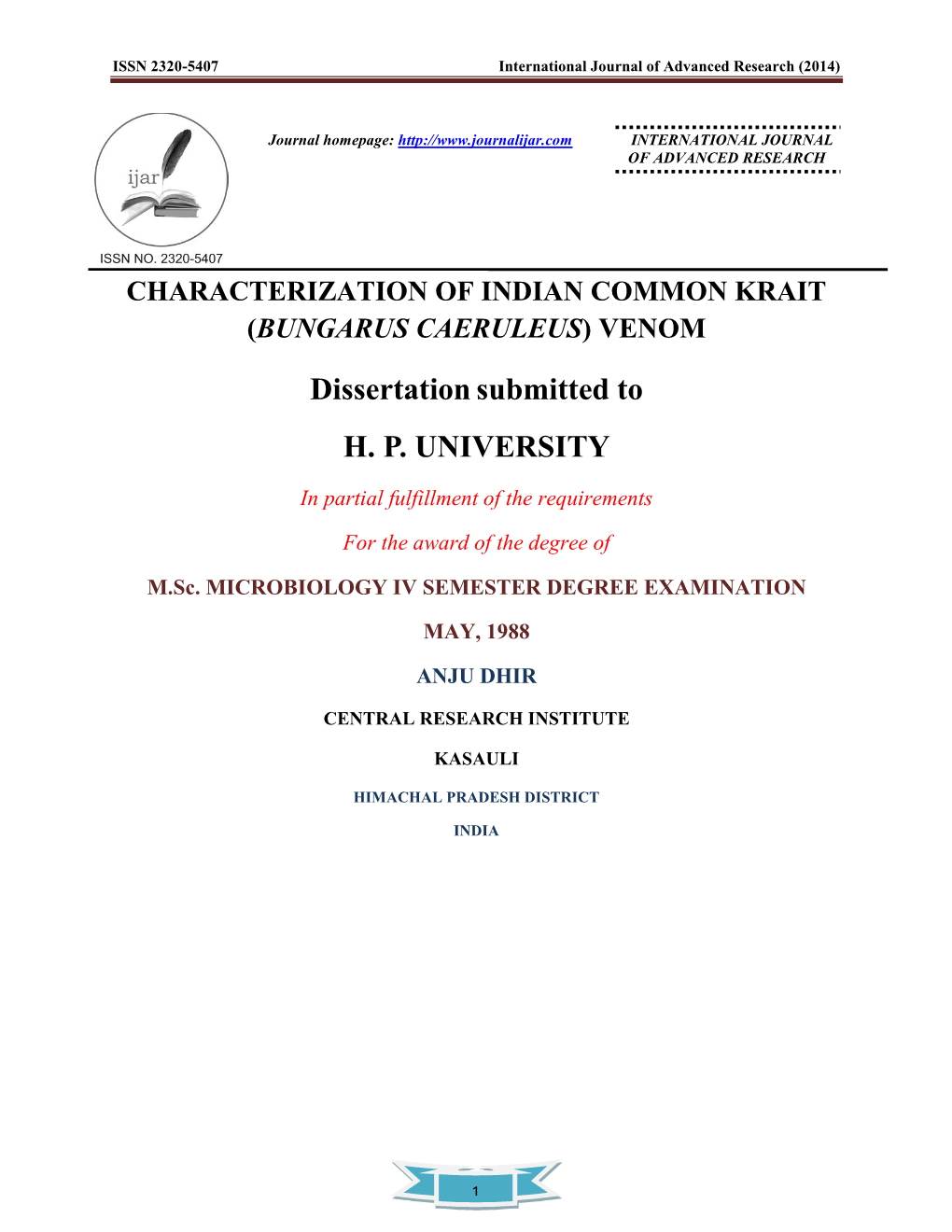 Characterization of Indian Common Krait (Bungarus Caeruleus) Venom