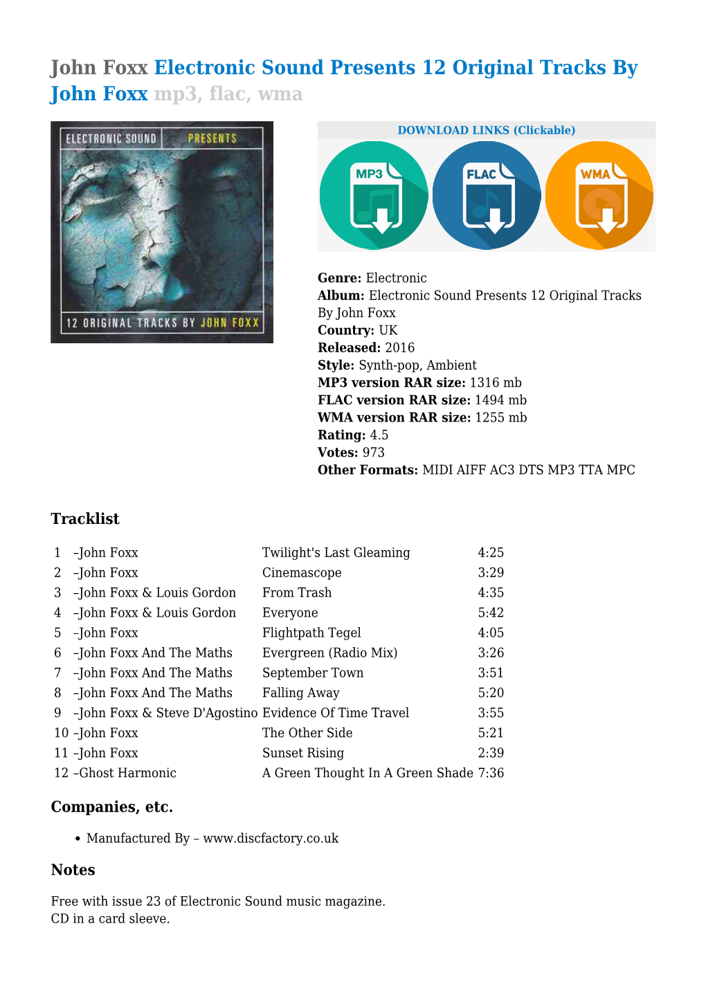 Electronic Sound Presents 12 Original Tracks by John Foxx Mp3, Flac, Wma