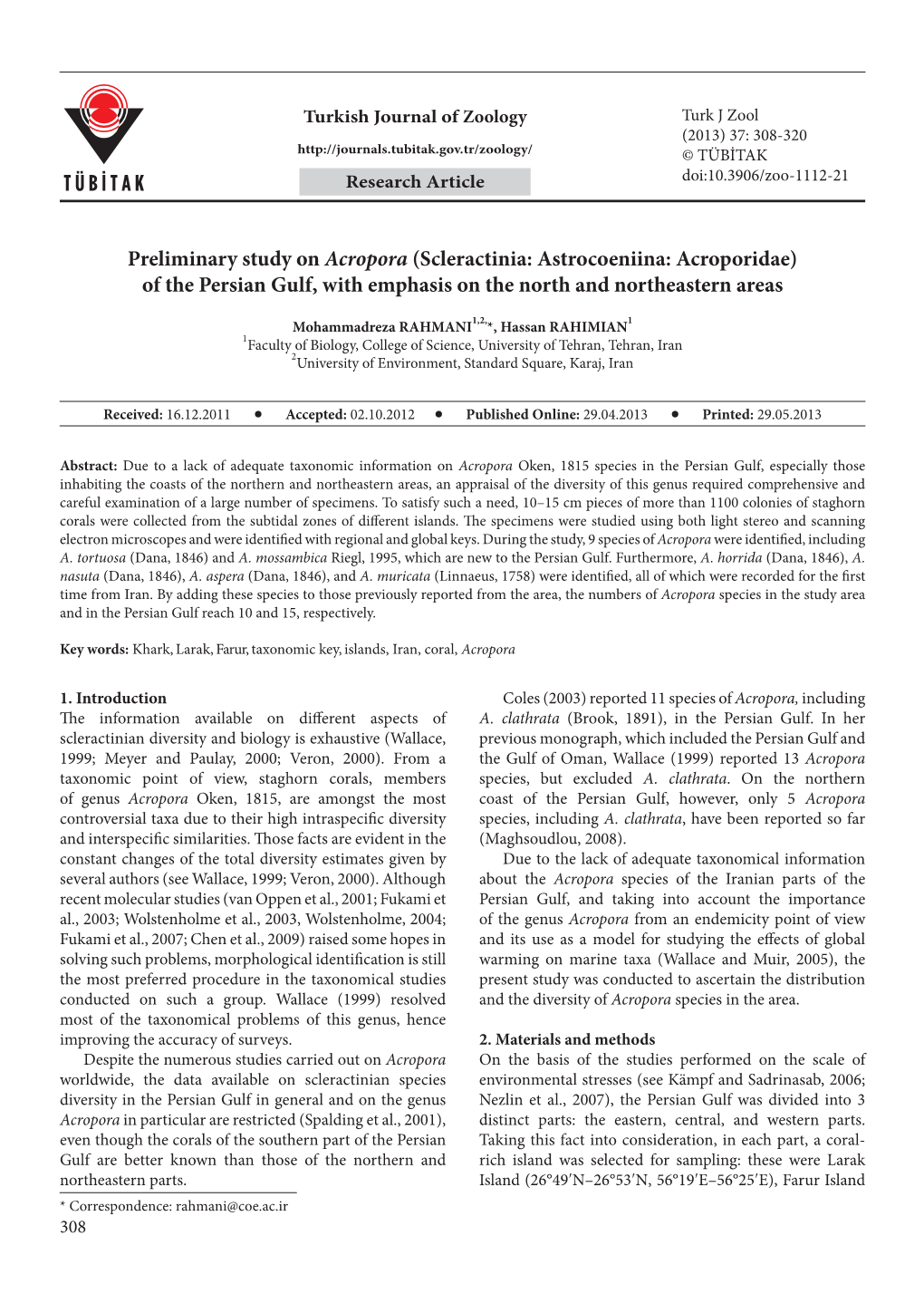 Preliminary Study on Acropora (Scleractinia: Astrocoeniina: Acroporidae) of the Persian Gulf, with Emphasis on the North and Northeastern Areas