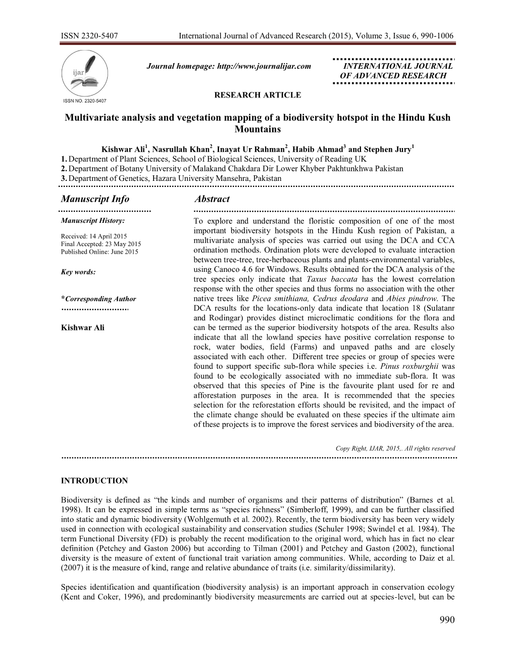 Multivariate Analysis and Vegetation Mapping of a Biodiversity Hotspot in the Hindu Kush Mountains