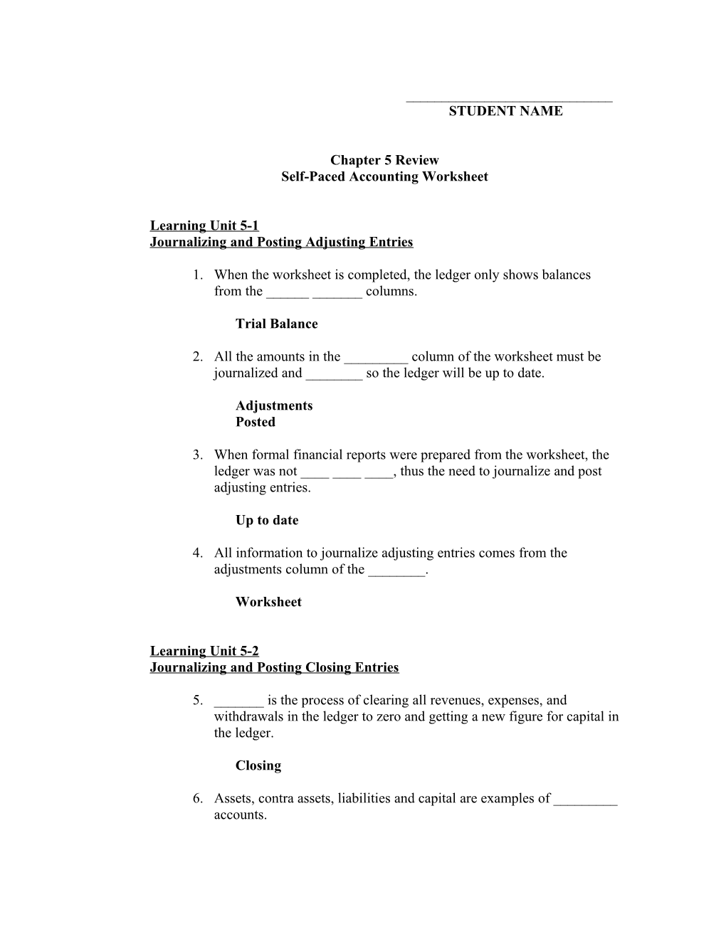 Self-Paced Accounting Worksheet