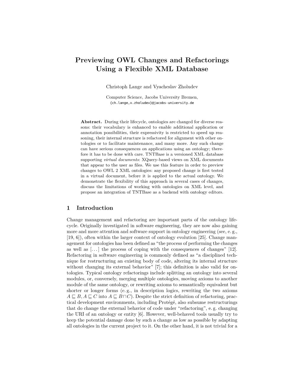 Previewing OWL Changes and Refactorings Using a Flexible XML Database