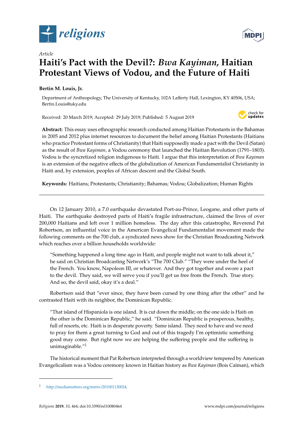 Bwa Kayiman, Haitian Protestant Views of Vodou, and the Future of Haiti