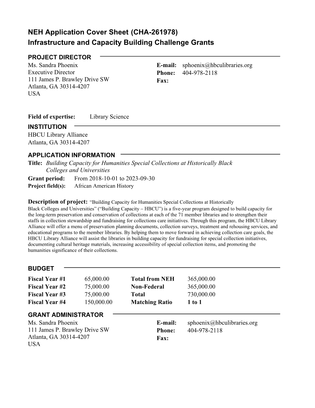 NEH Application Cover Sheet Infrastructure and Capacity Building