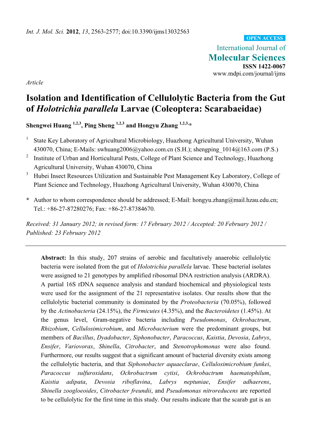 Isolation and Identification of Cellulolytic Bacteria from the Gut of Holotrichia Parallela Larvae (Coleoptera: Scarabaeidae)