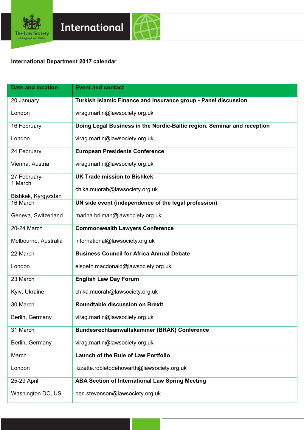 International Department 2017 Calendar Date and Location Event