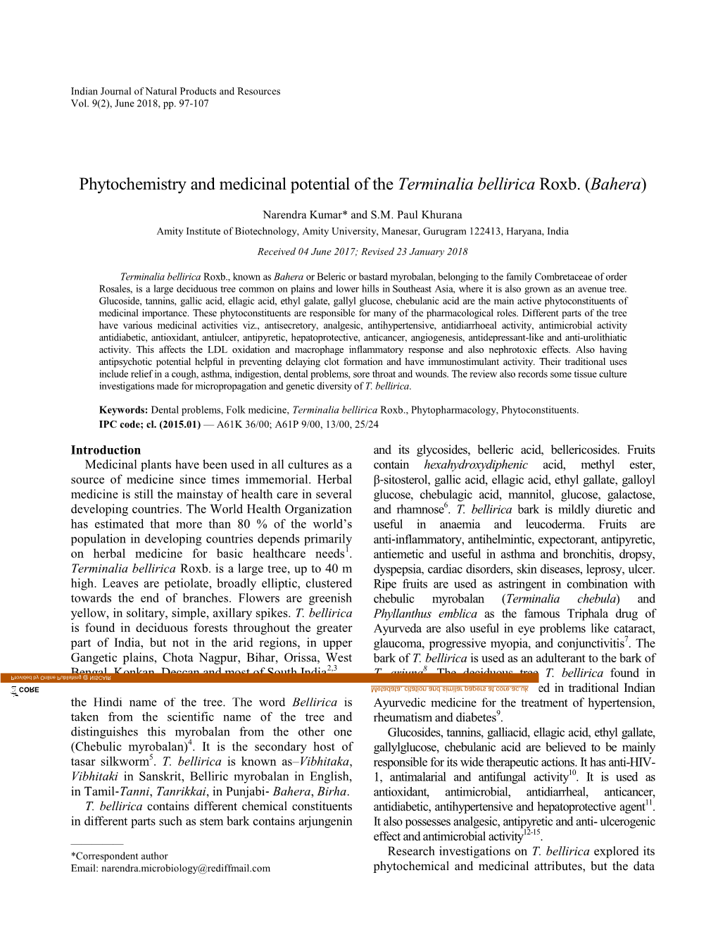 Phytochemistry and Medicinal Potential of the Terminalia Bellirica Roxb