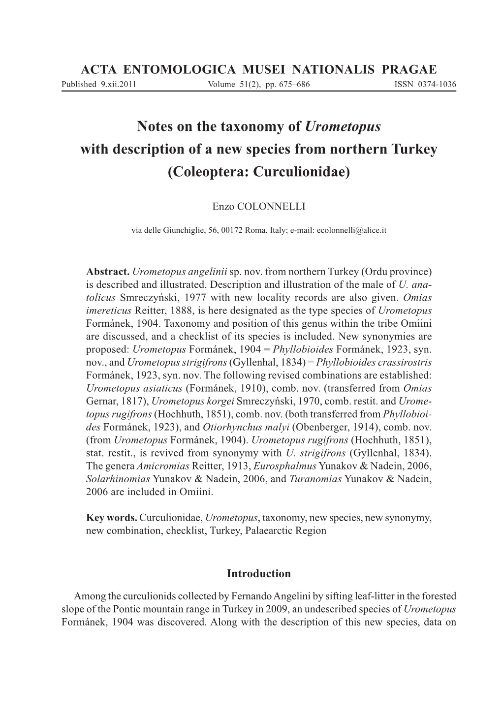 Notes on the Taxonomy of Urometopus with Description of a New Species from Northern Turkey (Coleoptera: Curculionidae)