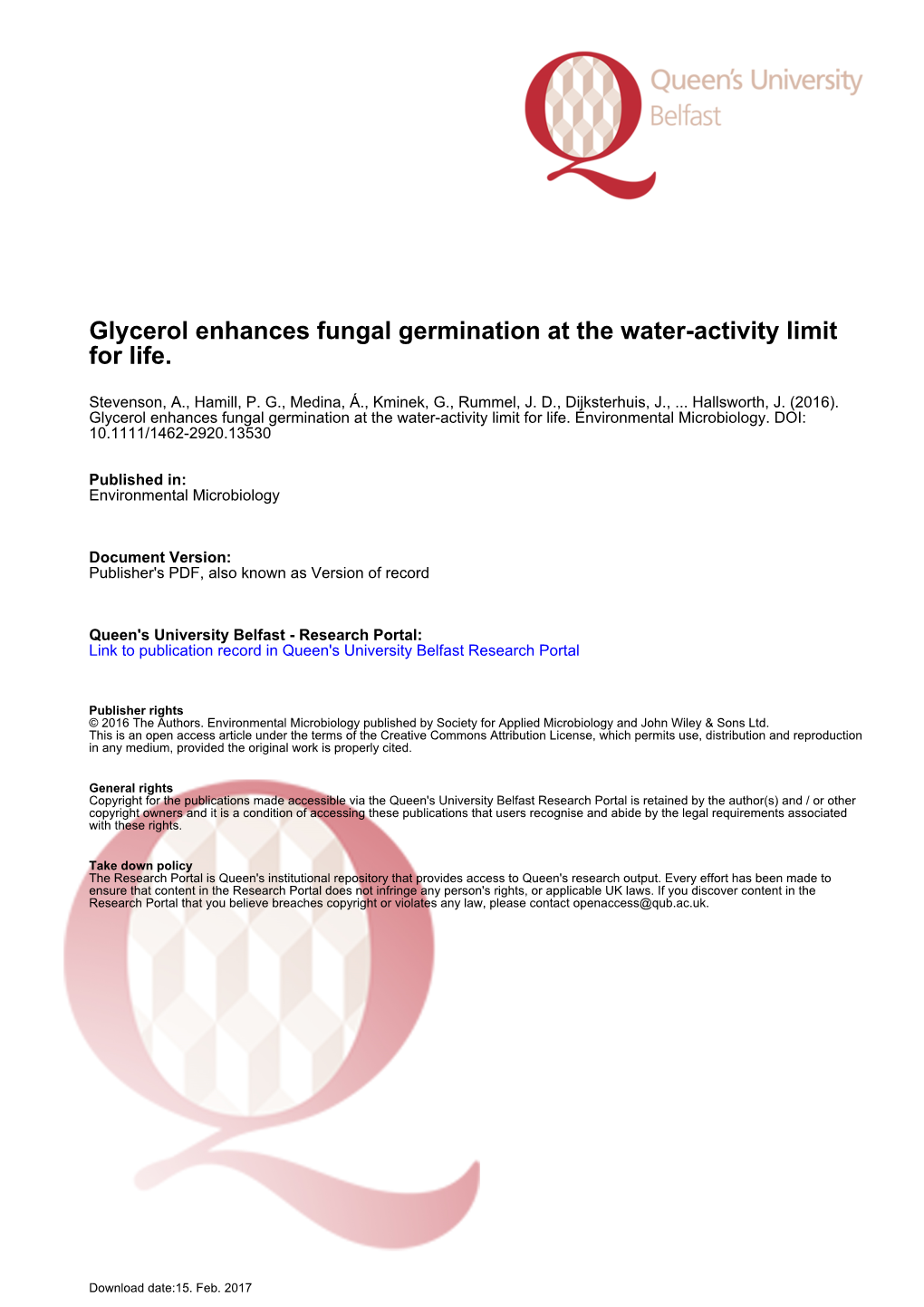 Glycerol Enhances Fungal Germination at the Water-Activity Limit for Life