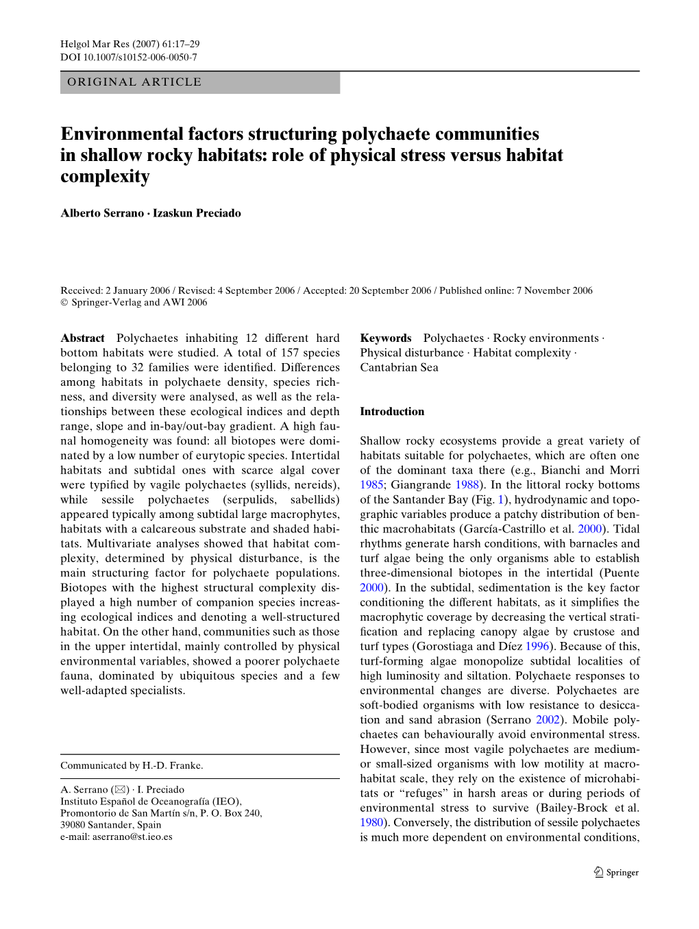 Environmental Factors Structuring Polychaete Communities in Shallow Rocky Habitats: Role of Physical Stress Versus Habitat Complexity