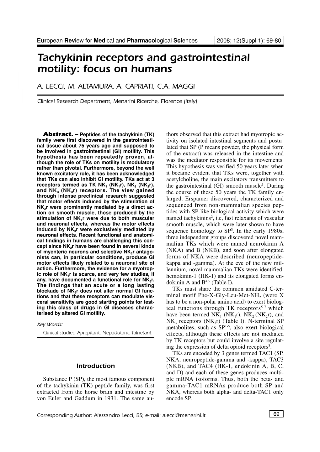 Tachykinin Receptors and Gastrointestinal Motility: Focus on Humans