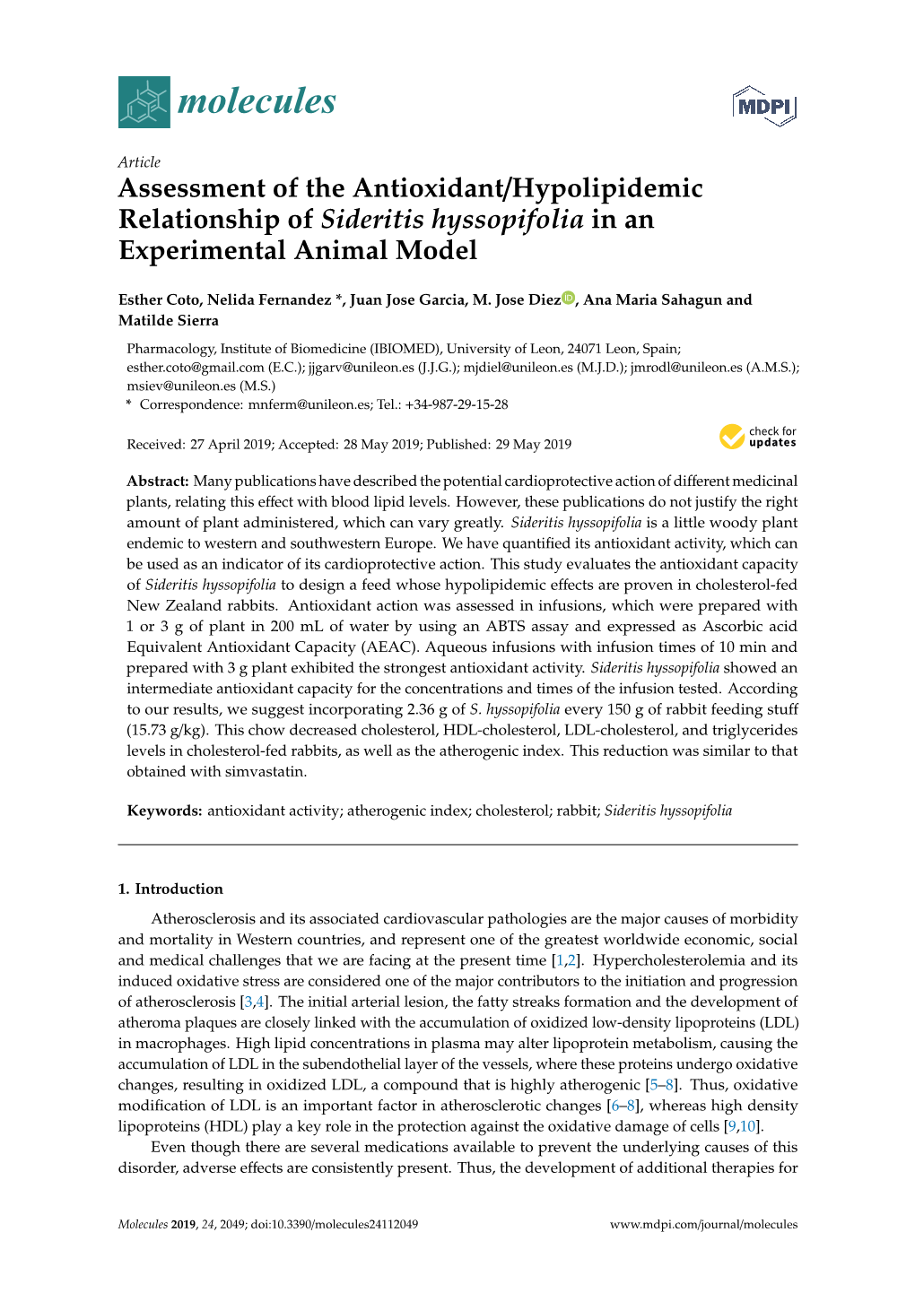 Assessment of the Antioxidant/Hypolipidemic Relationship of Sideritis Hyssopifolia in an Experimental Animal Model