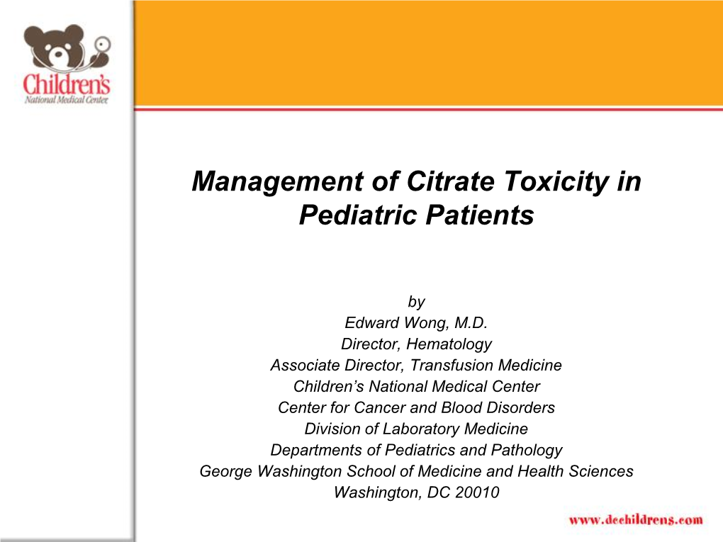 Management of Citrate Toxicity in Pediatric Patients