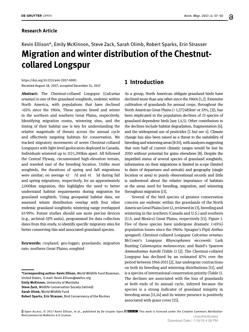 Migration and Winter Distribution of the Chestnut- Collared Longspur