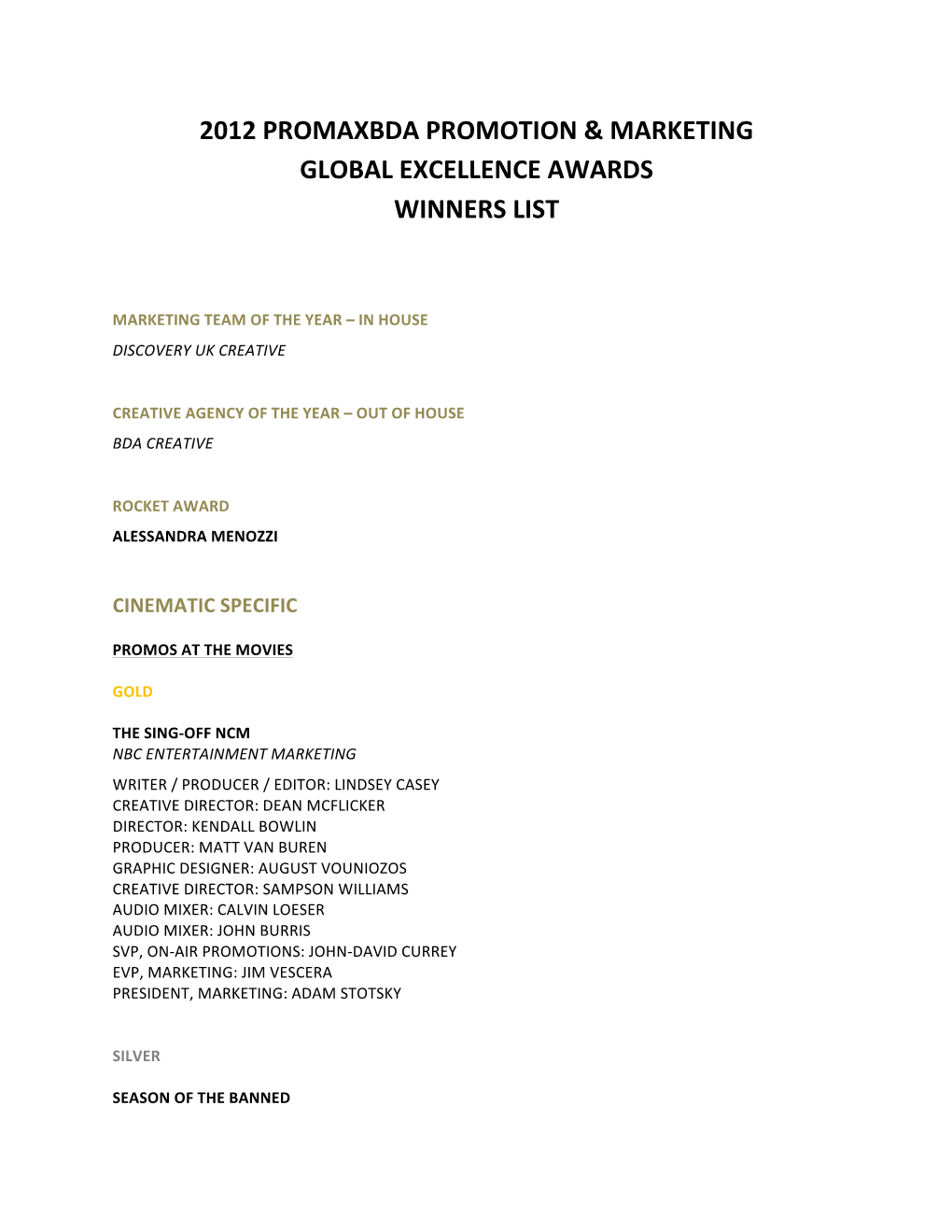 2012 Promaxbda Promotion & Marketing Global Excellence Awards Winners List