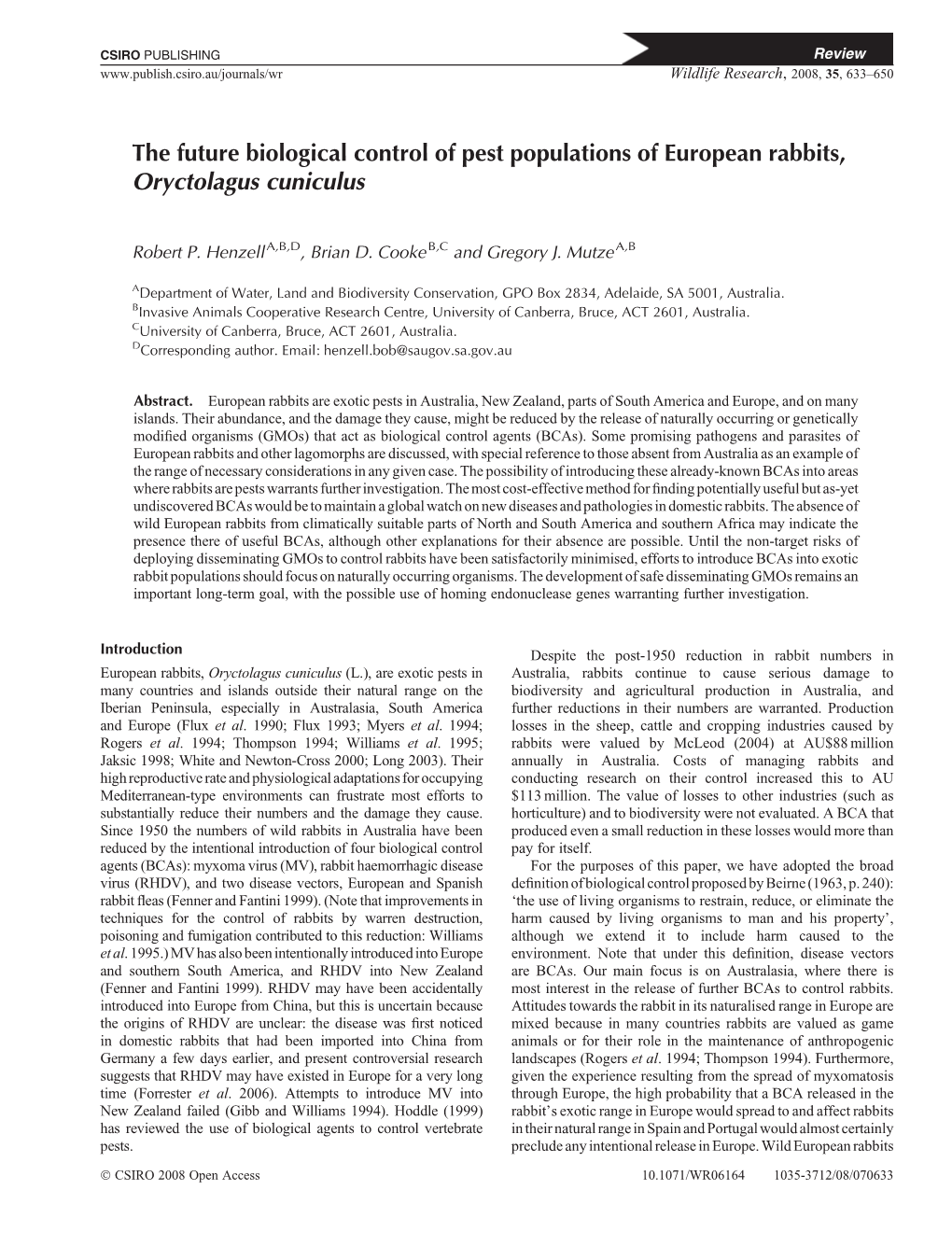 The Future Biological Control of Pest Populations of European Rabbits, Oryctolagus Cuniculus