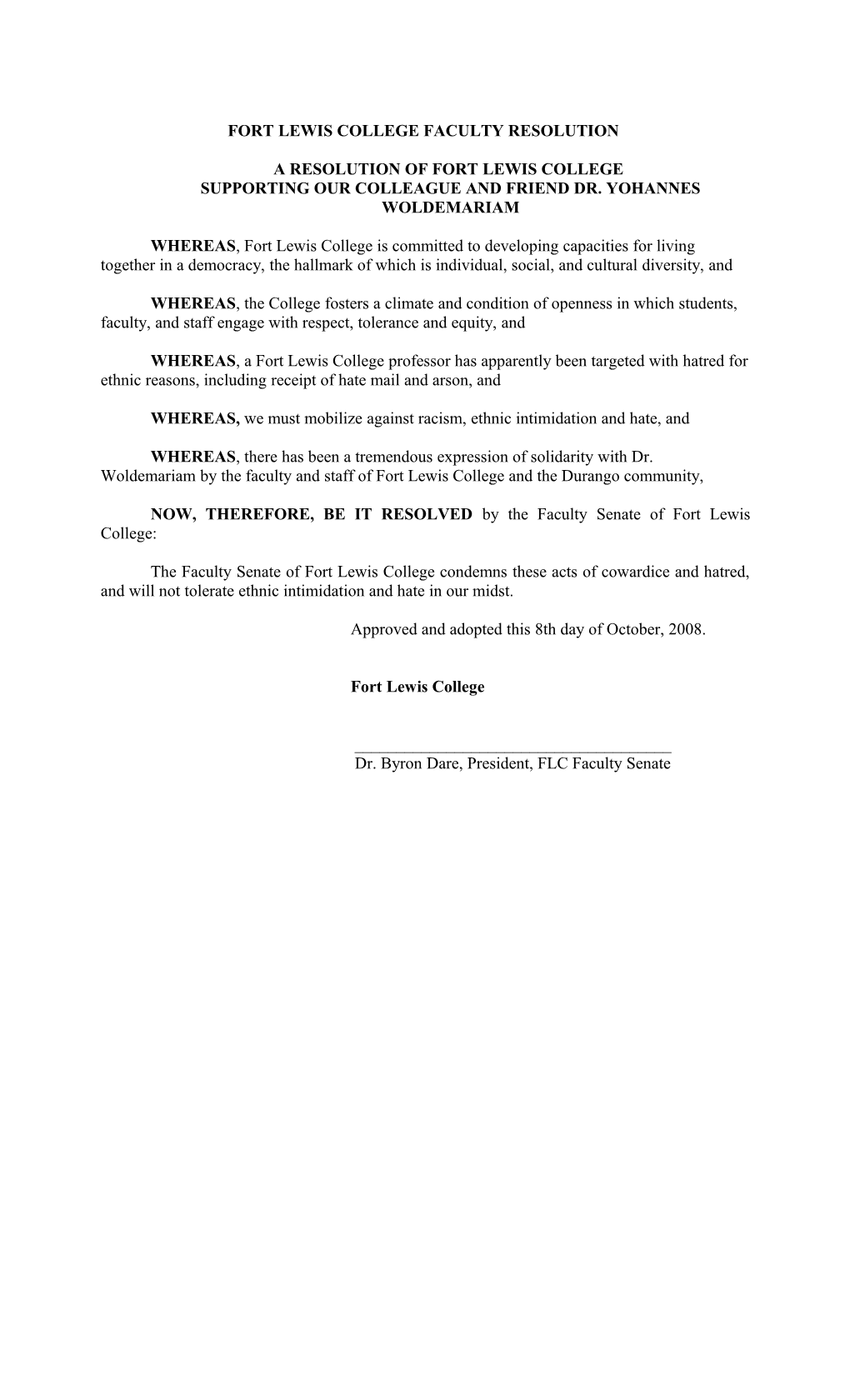 Fort Lewis College Faculty Resolution