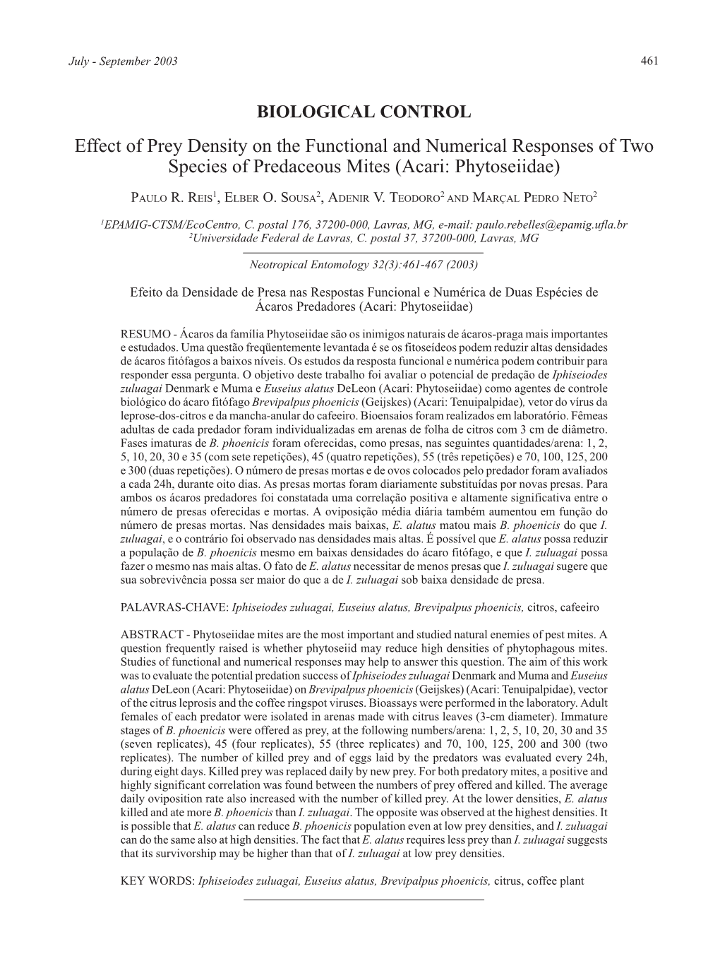 Effect of Prey Density on the Functional and Numerical Responses of Two Species of Predaceous Mites (Acari: Phytoseiidae)