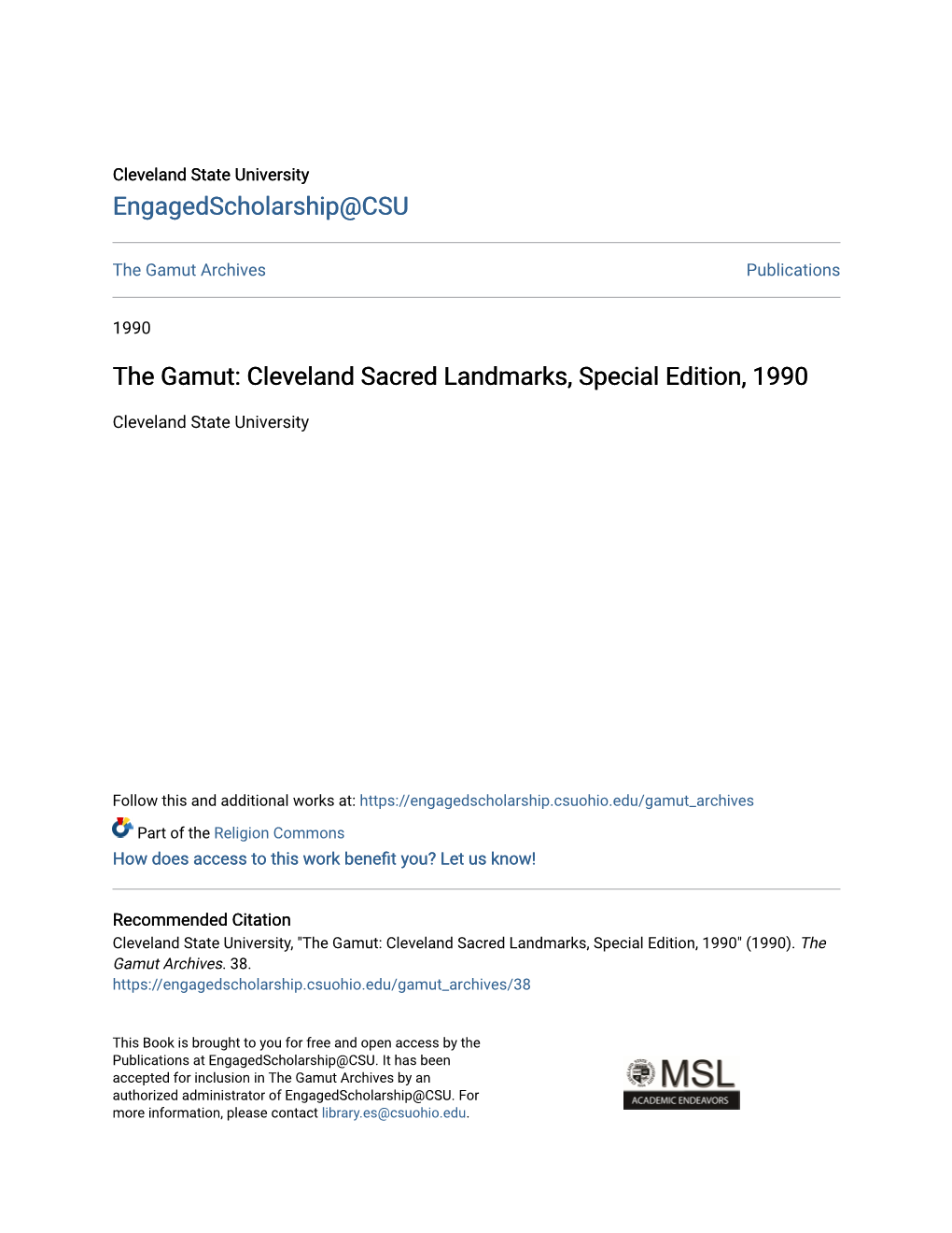 The Gamut: Cleveland Sacred Landmarks, Special Edition, 1990