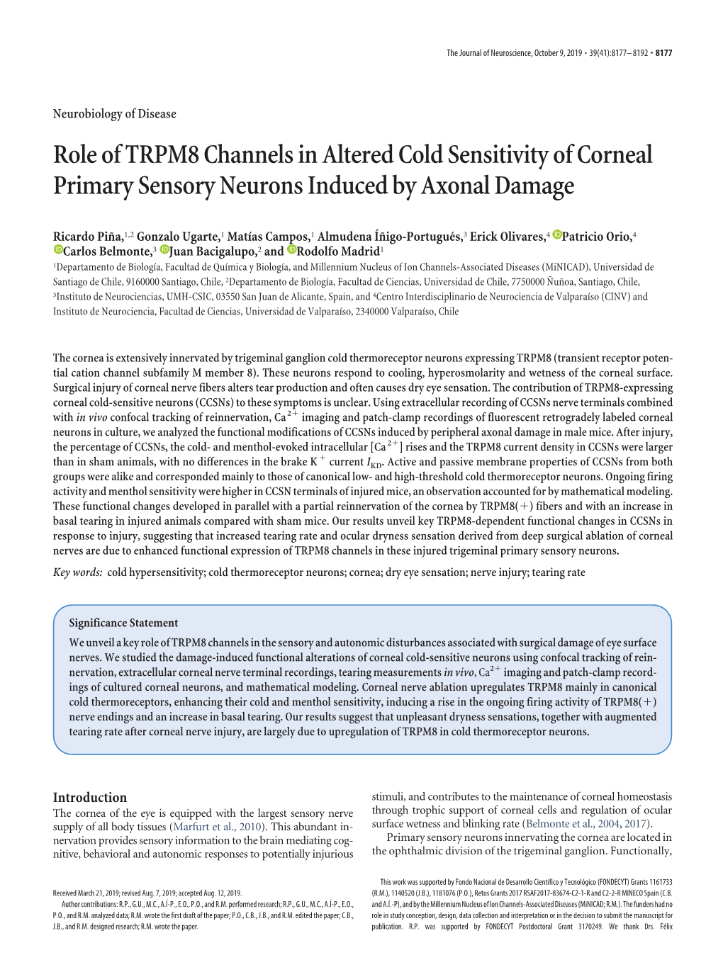 Role of TRPM8 Channels in Altered Cold Sensitivity of Corneal Primary Sensory Neurons Induced by Axonal Damage