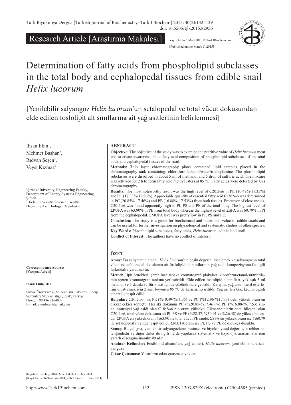 Determination of Fatty Acids from Phospholipid Subclasses in the Total Body and Cephalopedal Tissues from Edible Snail Helix Lucorum