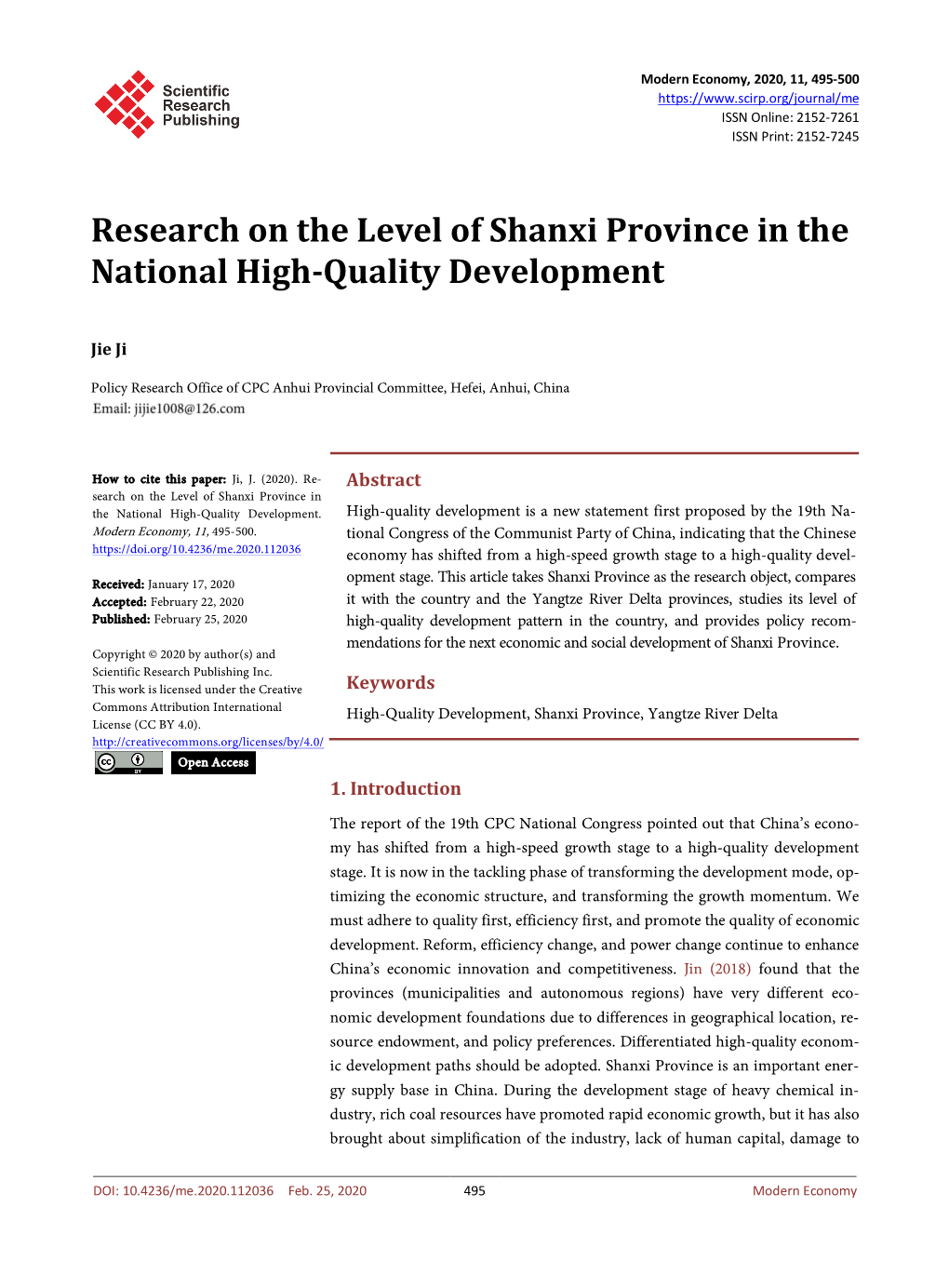 Research on the Level of Shanxi Province in the National High-Quality Development