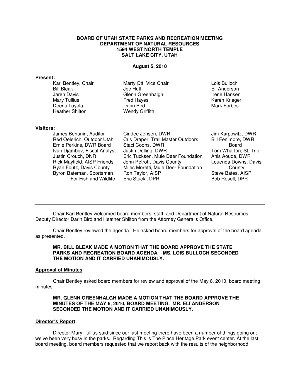 Board of Utah State Parks and Recreation Meeting Department of Natural Resources 1594 West North Temple Salt Lake City, Utah