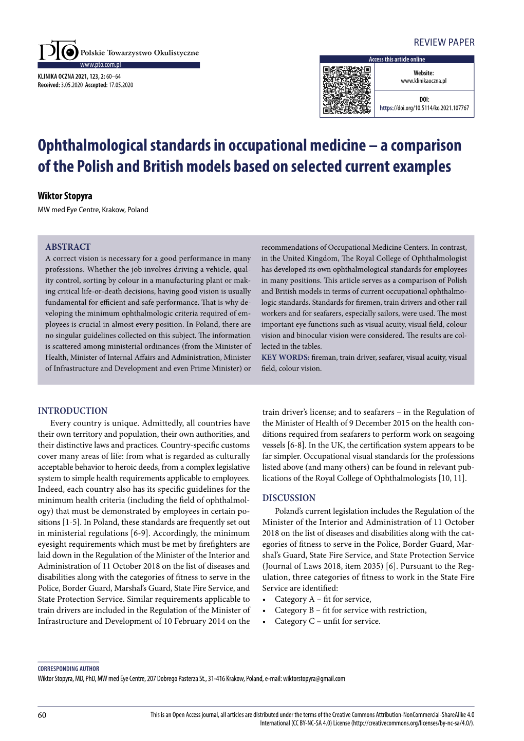 Ophthalmological Standards in Occupational Medicine – a Comparison of the Polish and British Models Based on Selected Current Examples