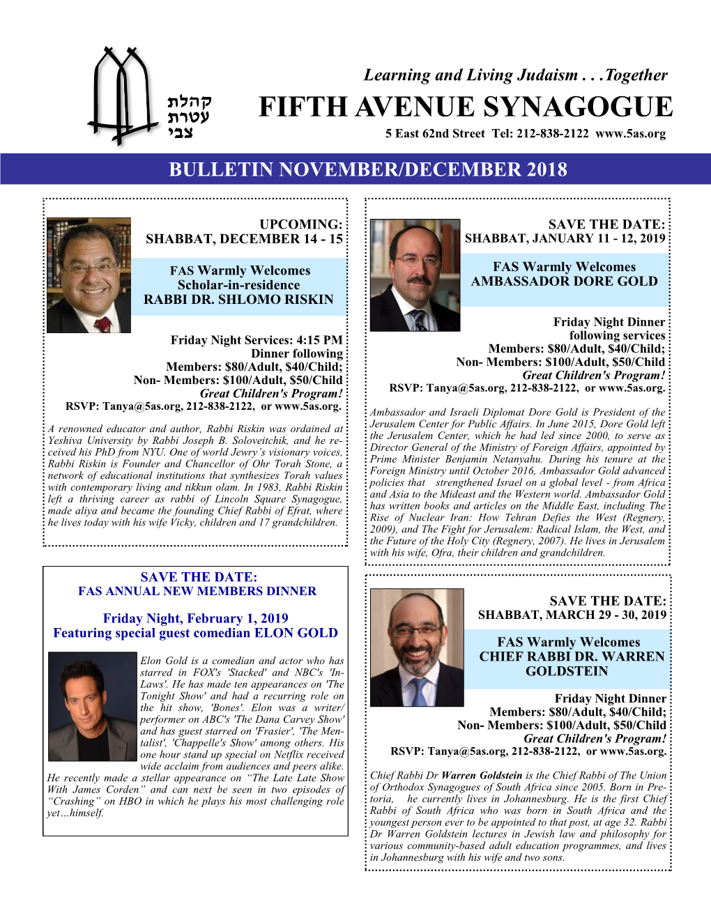 FIFTH AVENUE SYNAGOGUE 5 East 62Nd Street Tel: 212-838-2122