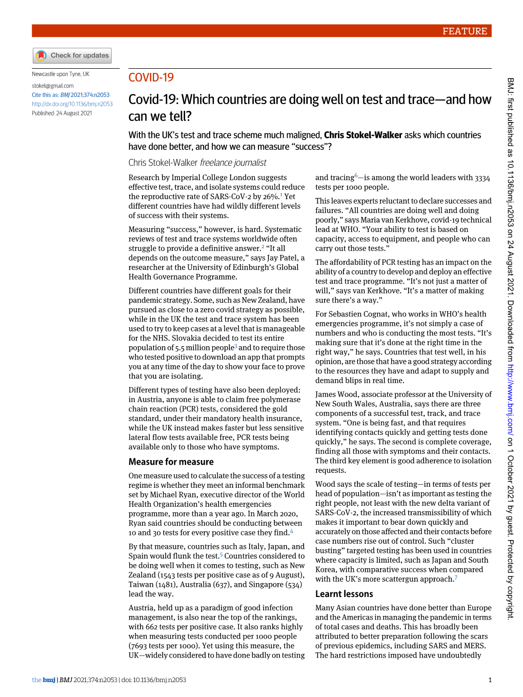 COVID-19 BMJ: First Published As 10.1136/Bmj.N2053 on 24 August 2021