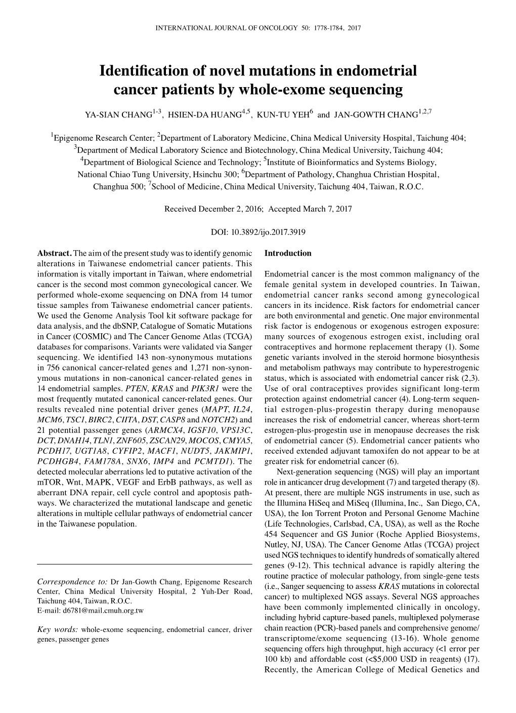 Identification of Novel Mutations in Endometrial Cancer Patients by Whole-Exome Sequencing