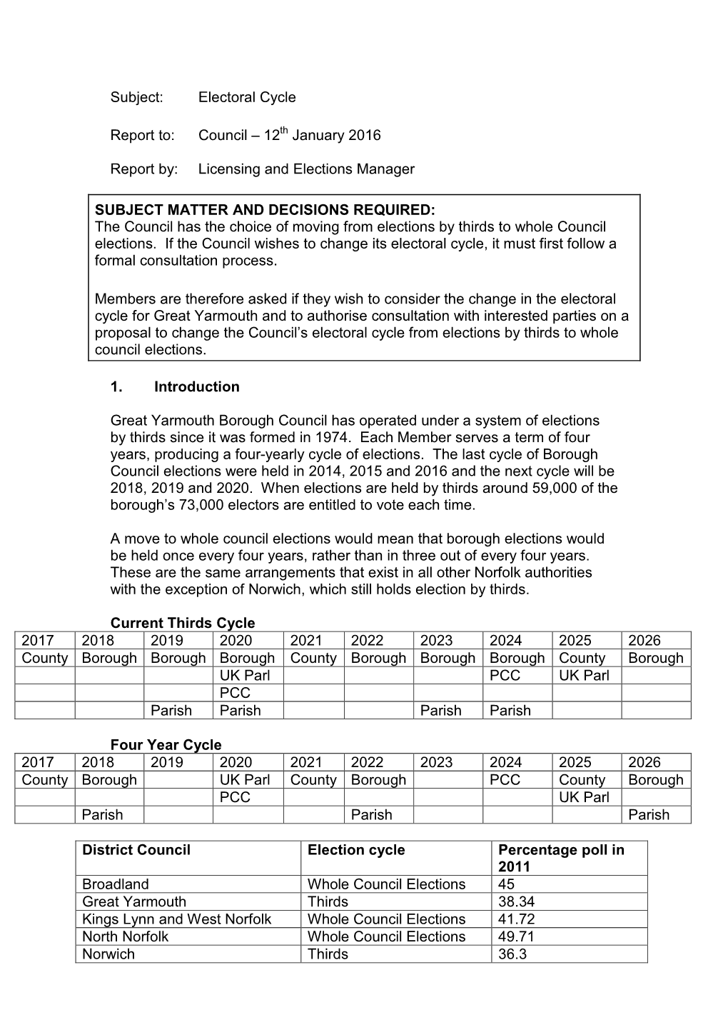 Electoral Cycle Report To: Council