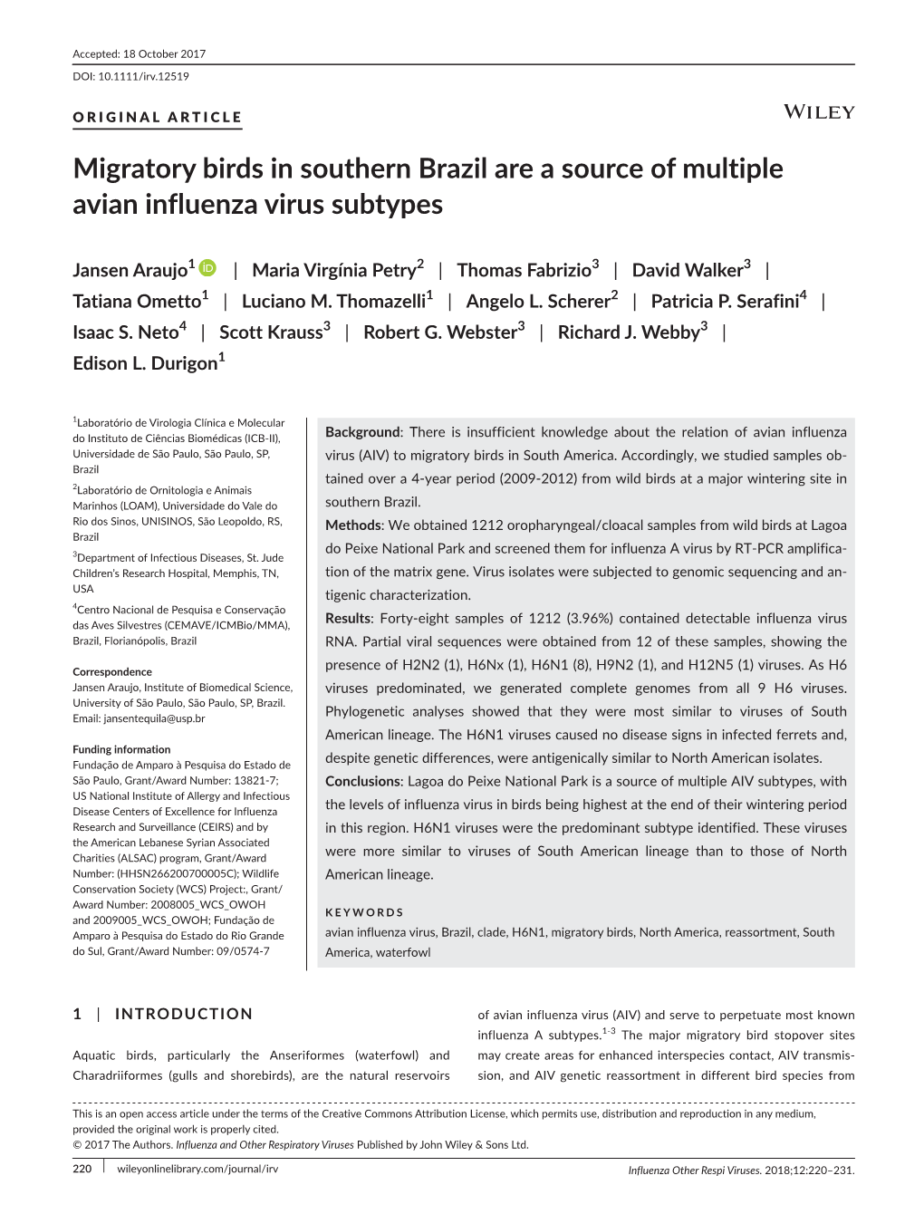 Migratory Birds in Southern Brazil Are a Source of Multiple Avian Influenza Virus Subtypes