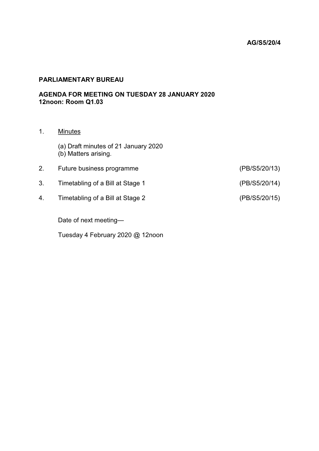 Ag/S5/20/4 Parliamentary Bureau Agenda for Meeting