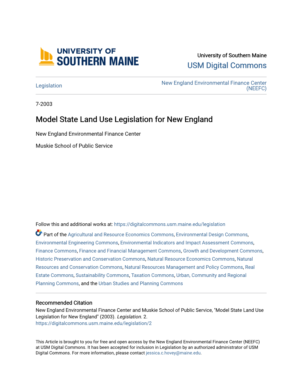 Model State Land Use Legislation for New England