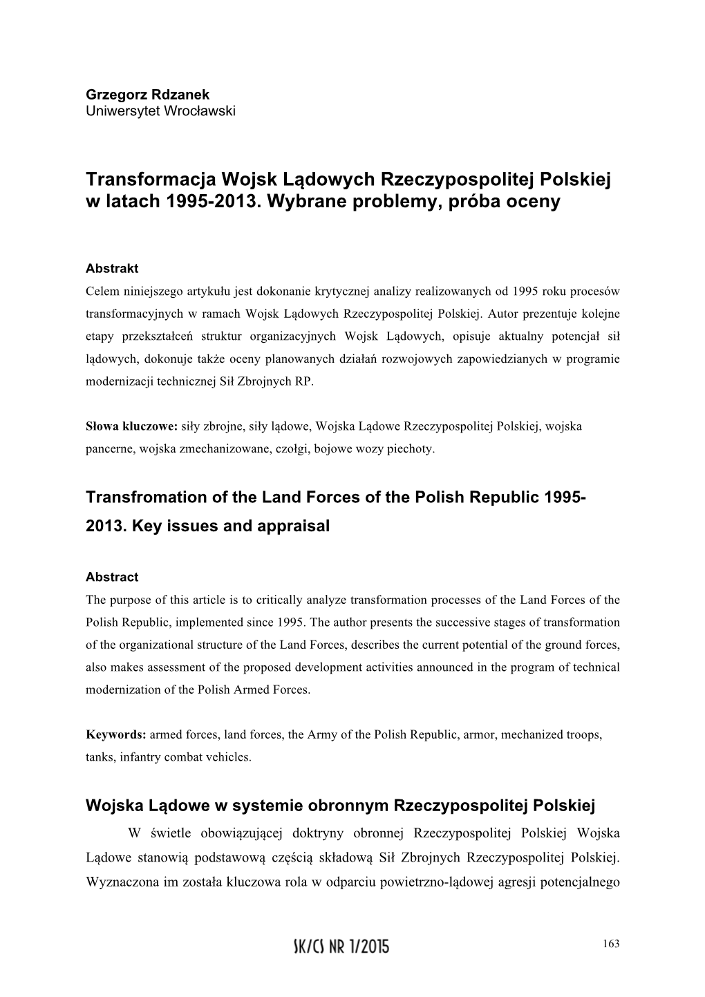 Transformacja Wojsk Lądowych Rzeczypospolitej Polskiej W Latach 1995-2013