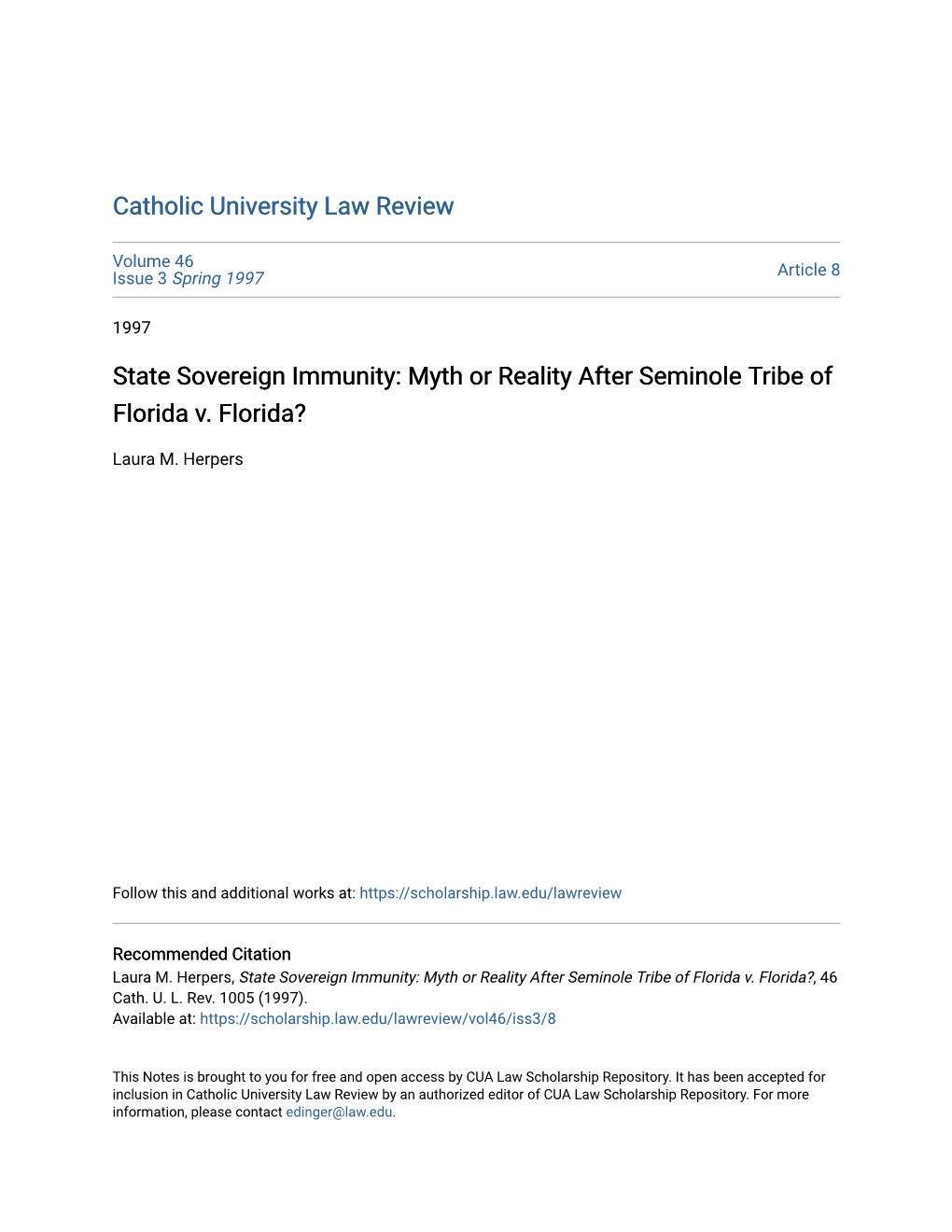 State Sovereign Immunity: Myth Or Reality After Seminole Tribe of Florida V