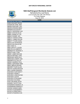 18E5 Staff Sergeant Worldwide Selects List Alphabetical by Last Name (List Excludes Intel, ISR, OSI Afscs) for Public Release Aug